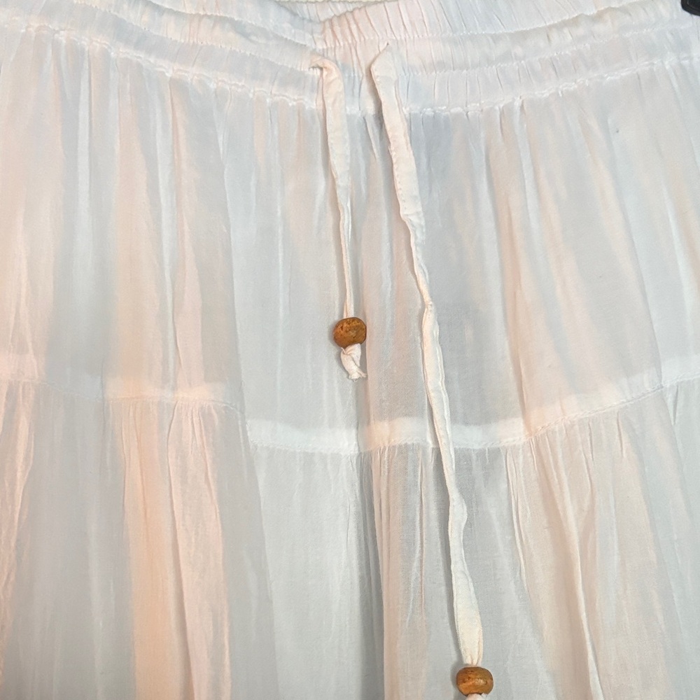 White Tiered Maxi Skirt with Denim Band Accents - Picture 3 of 4